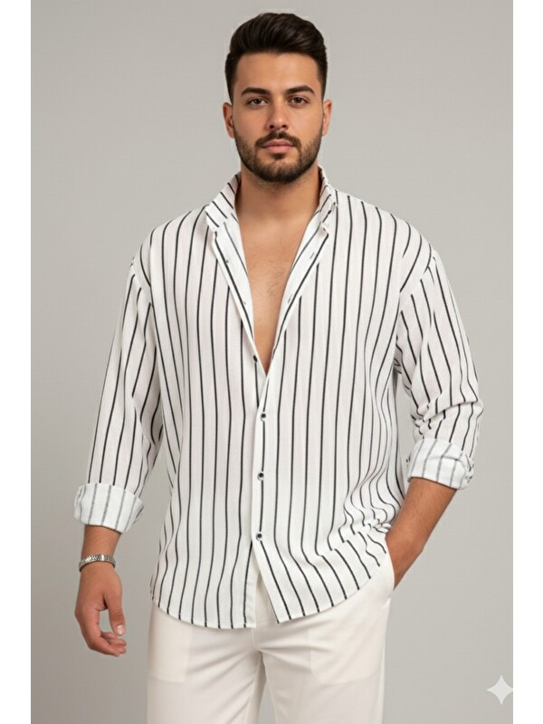 Tarz Cool Erkek İki Çizgili Regular Relaxed Fit Uzun Kollu Gömlek