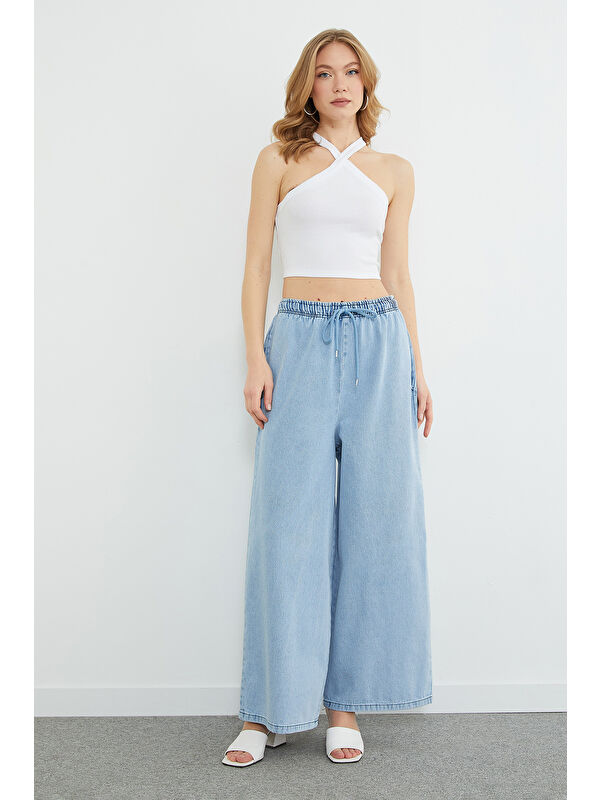 Fullamoda Beli Bağcıklı Taşlı Wide Leg Jean