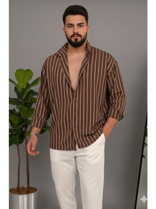 Tarz Cool Erkek İki Çizgili Regular Relaxed Fit Uzun Kollu Gömlek
