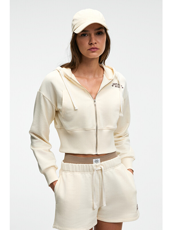 GRIMELANGE ELARA Kadın Metal Fermuarlı Nakışlı Kapüşonlu Crop EKRU Sweatshirt