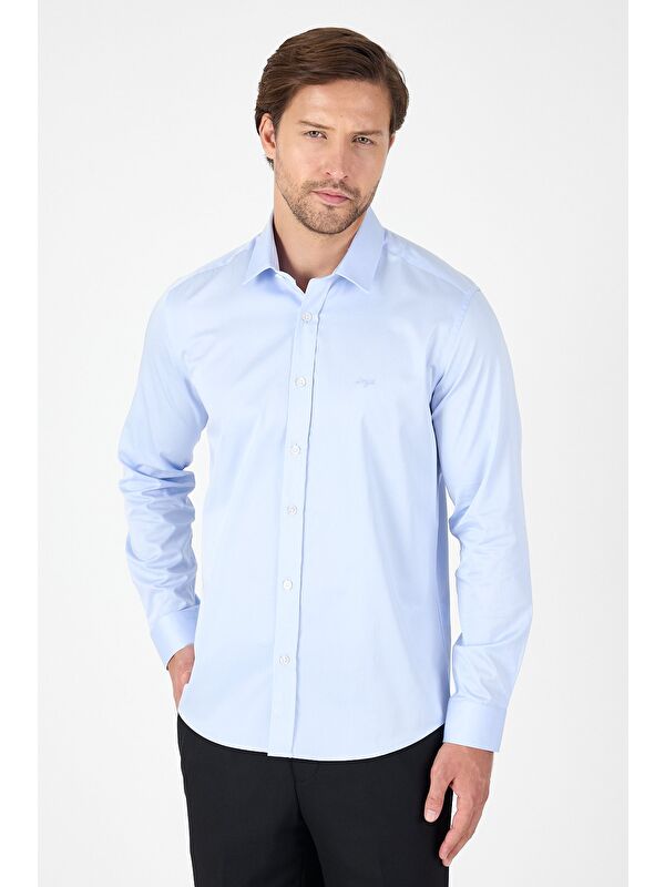 İMZA Mavi Sert Yaka Düz Classic %100 Pamuk Slim Fit Gömlek 1004250324