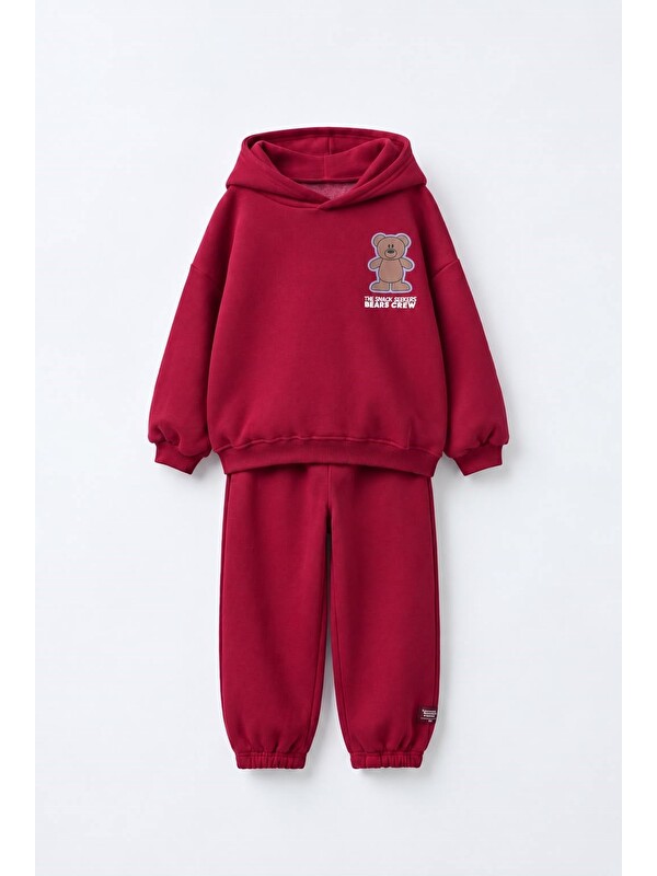 Magu Çocuk  Ayıcık Baskılı Bordo Kapüşonlu Sweatshirt Ve Eşofman Altı Takımı