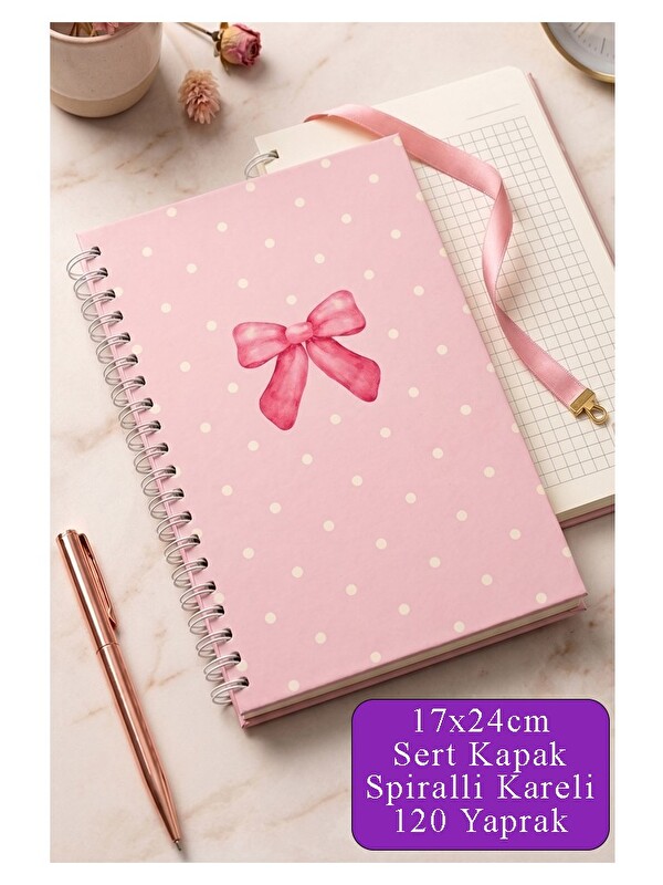 Artlantis Pembe Sert Kapak Spiralli Kareli Defter 17x24cm 120 Yaprak 1 Adet Not Defteri Okul Büro Ofis Defteri