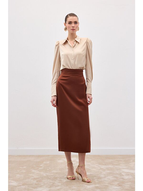 SATEEN Bel Pile Detaylı Saten Etek - Kahve