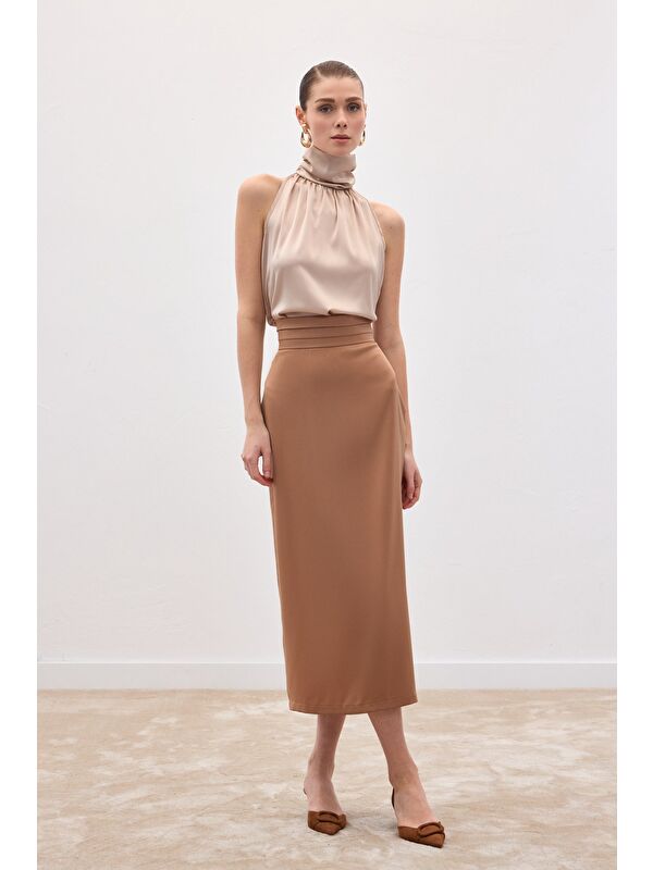 SATEEN Bel Pile Detaylı Saten Etek - Camel