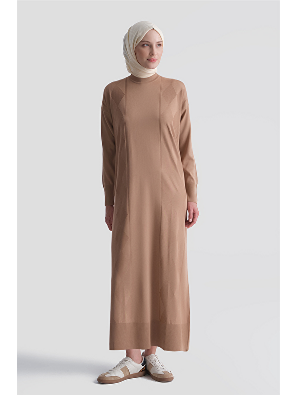 ARMİNE Baklava Desenli Triko Elbise 25Ktd958 Latte
