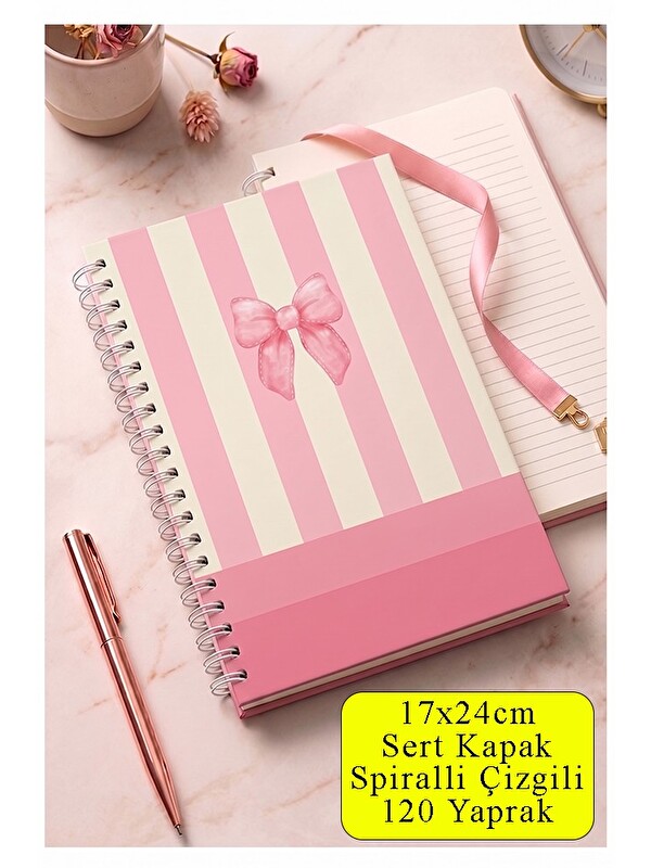 Artlantis Pembe Sert Kapak Spiralli Çizgili Defter 17x24cm 120 Yaprak 1 Adet Not Defteri Okul Büro Ofis Defter