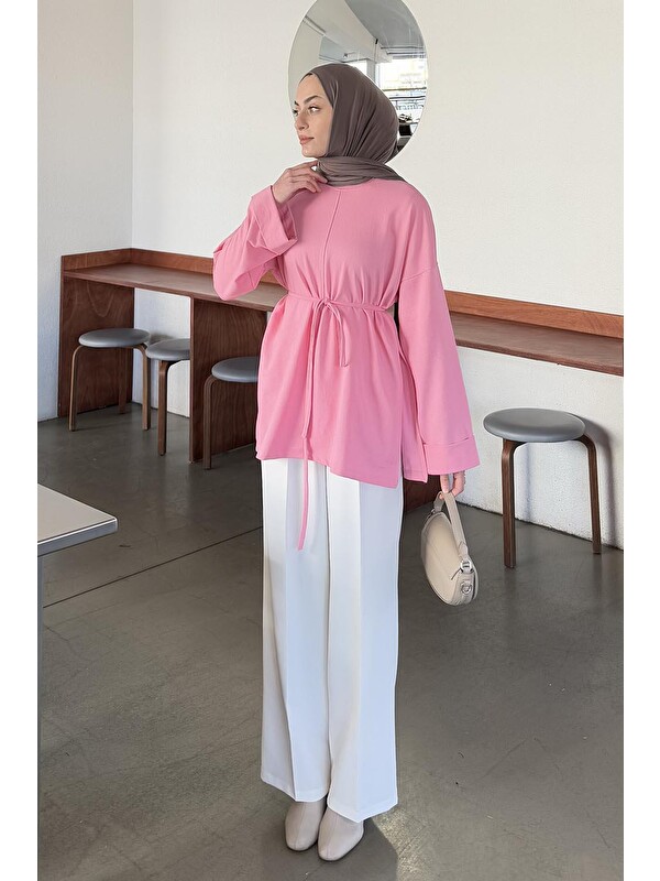 Lamelif Yırtmaç Detaylı Sweat Pembe