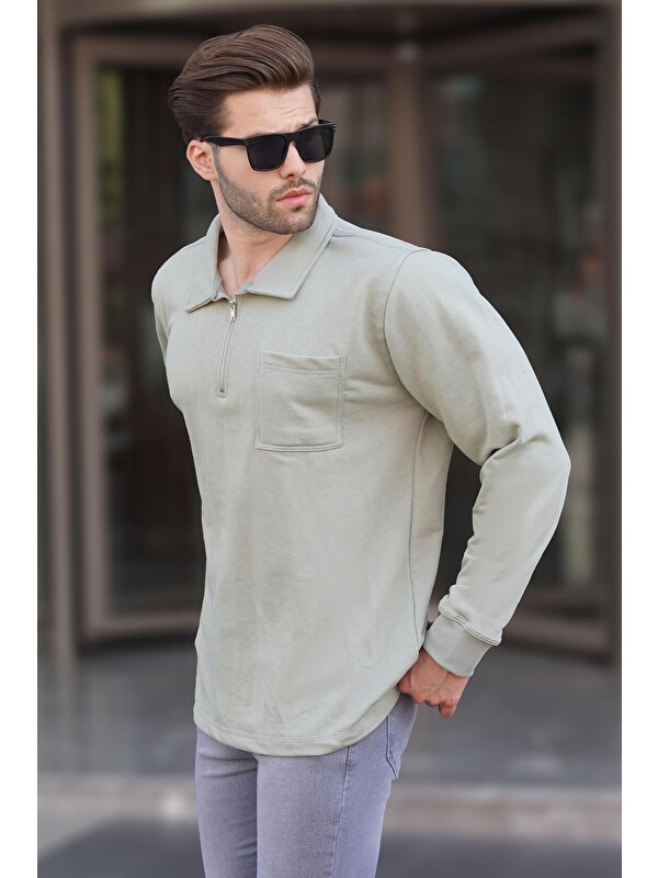 Madmext Mint Yeşili Yaka Fermuarlı Uzun Kollu Erkek Sweatshirt 7057