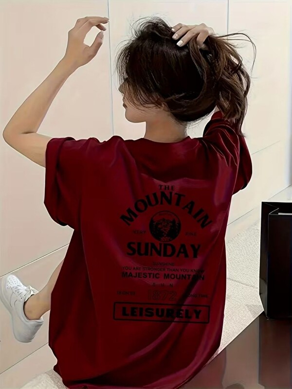 Trendseninle Unisex Bordo Mountain Sunday Baskılı Tişört