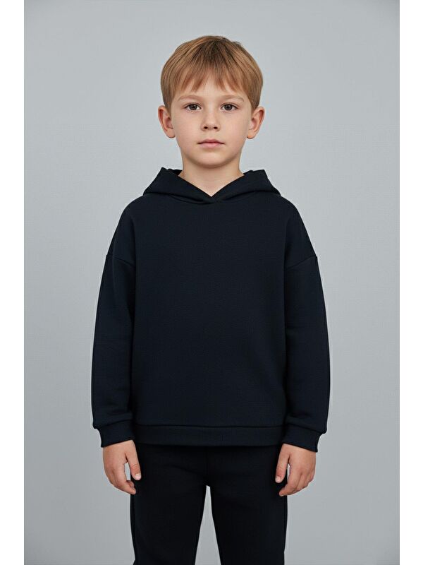 Luess Unisex Çocuk Basic Pamuklu Kapüşonlu Sweatshirt - Siyah