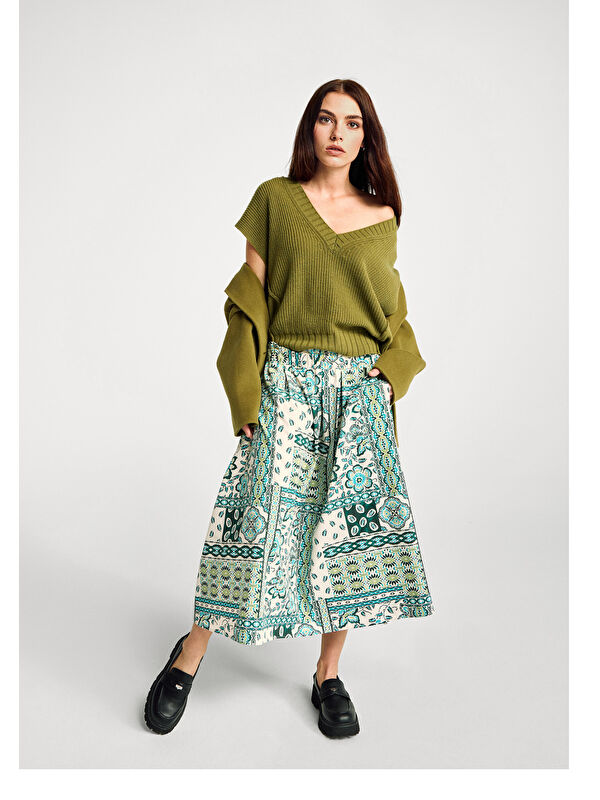 United Colors Of Benetton Kadın Açık Yeşil %100 Pamuk Desenli Beli Lastikli Cepli Poplin Etek