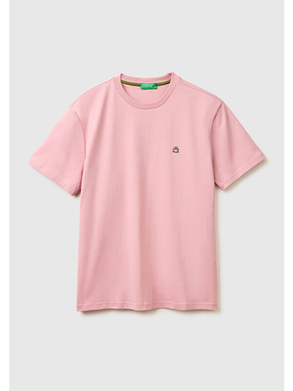 United Colors Of Benetton Erkek Pembe %100 Pamuk Benetton Logolu Bisiklet Yaka T-Shirt