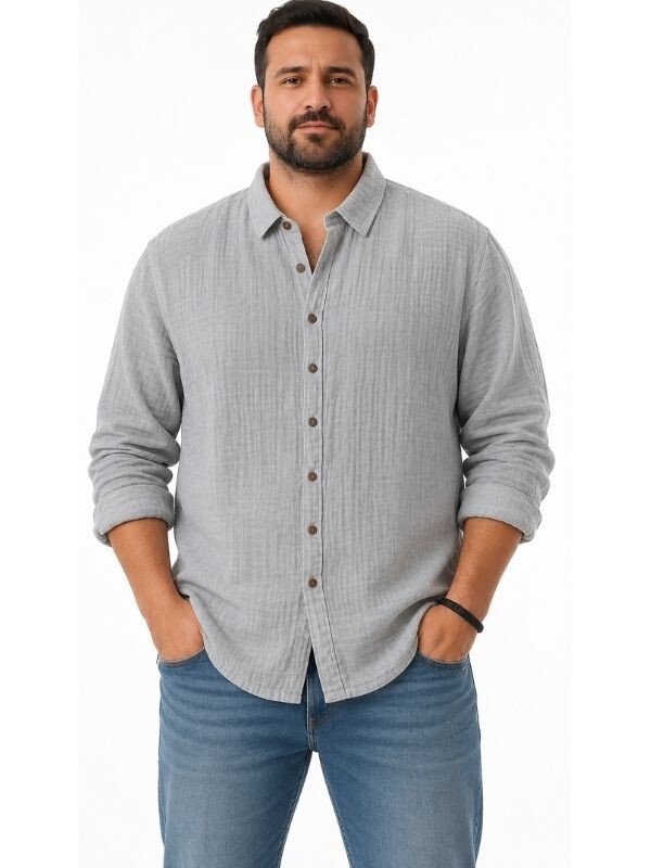Mulberry Büyük Beden Oversize Müslin Erkek Gömlek Rahat Kalıp Düğmeli Uzun Kollu Günlük Kullanım