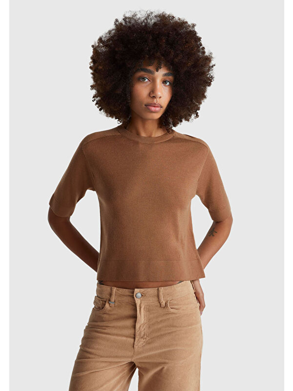 United Colors Of Benetton Kadın Taba  %100 Yün Bisiklet Yaka Kısa Kollu Kazak