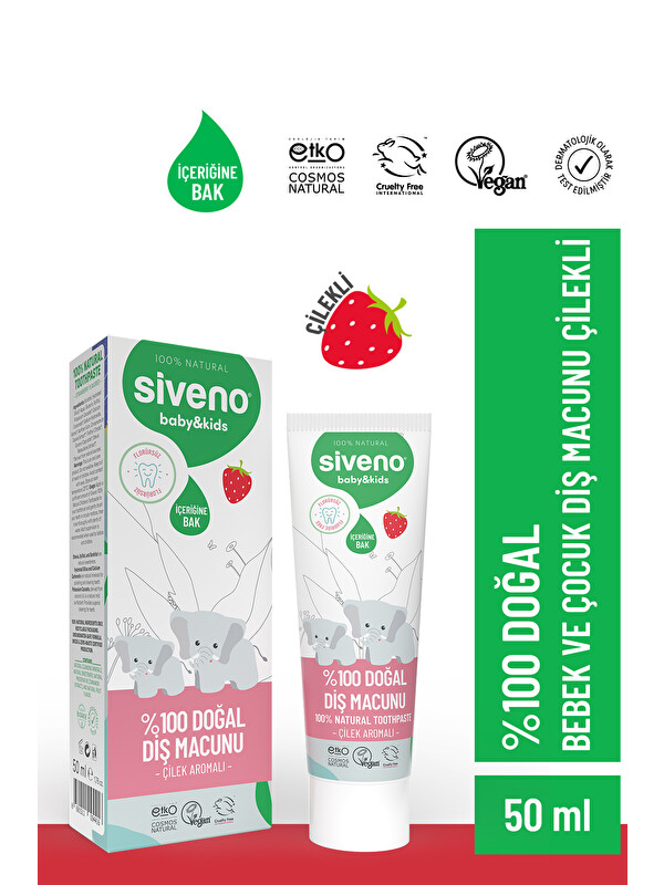 Siveno %100 Doğal Diş Macunu Bebek ve Çocuk İçin Çilekli Aromalı Florürsüz 50 ml