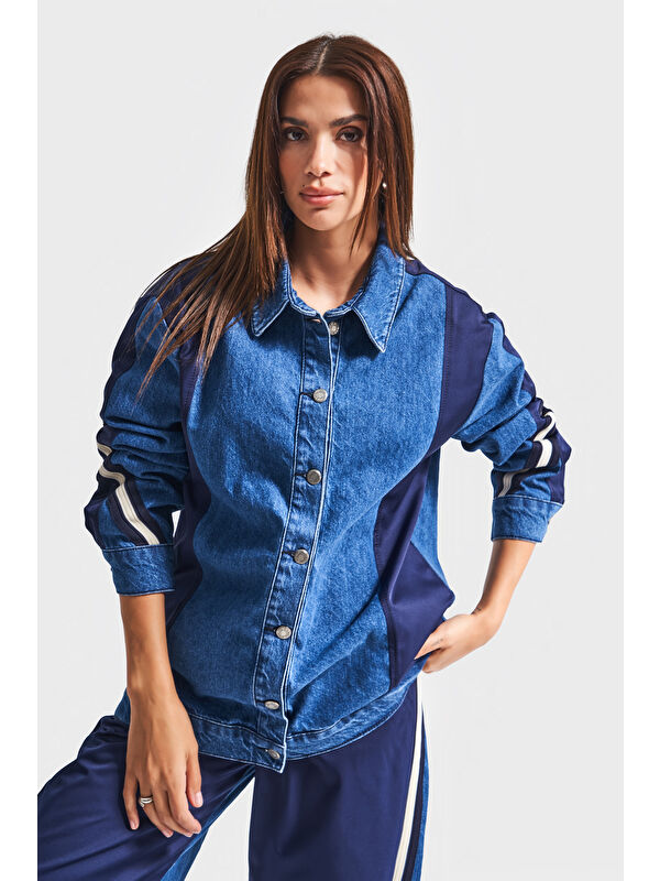 It's Basic Kadın Jean Rengi 1w5-5 Oversize Parçalı Kumaş Özel Tasarım Denim Ceket