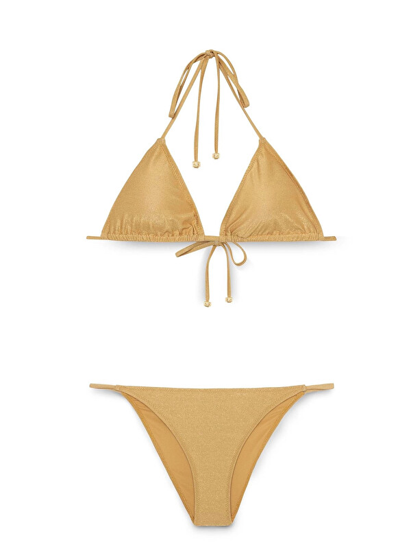 Hazelin Kadın Gold Simli Boyundan İp Bağlamalı Üçgen Bikini Takımı HZL25S-LC5005