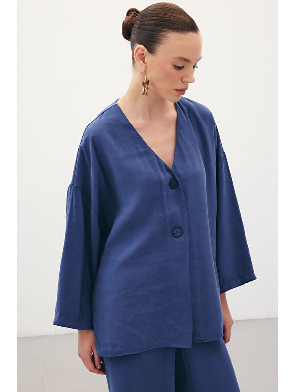 SATEEN Düğmeli Kimono - İndigo