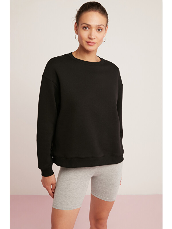 ETHIQUET SAHRA Kadın Pamuklu Içi Polarlı Yumuşacık Oversize Yuvarlak Yaka Basıc SİYAH Sweatshirt