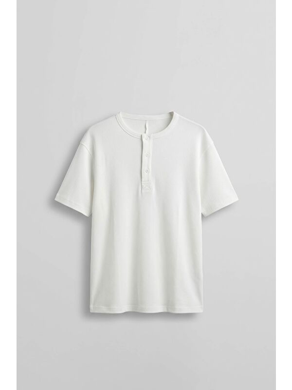 Abluka Online Erkek Relaxed Fit Fitilli Örme Düğmeli Yaka T-Shirt Beyaz
