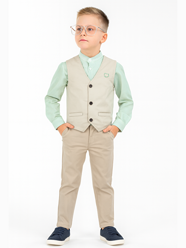 Casabony 3'lü Set Erkek Çocuk Gabardin Yelek & Pantolon & Dokuma Gömlek
