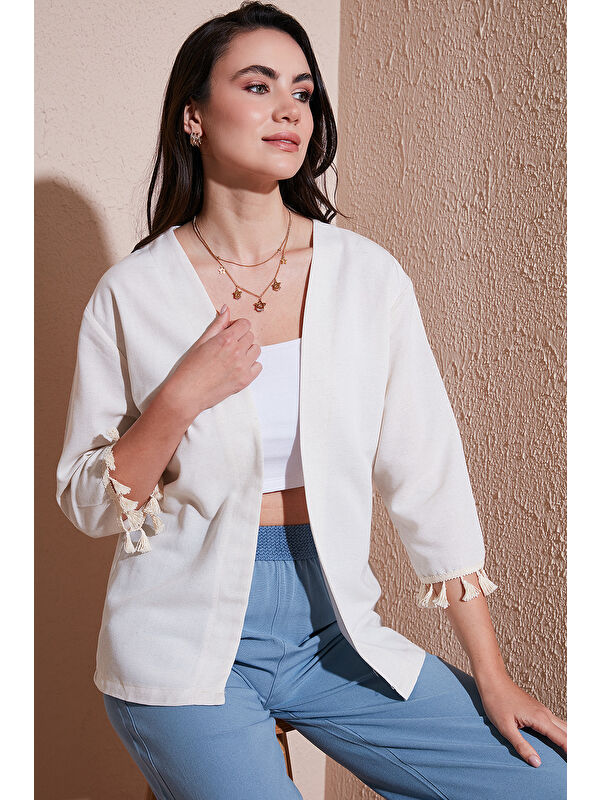 Lela Pamuk ve Keten Karışımlı Püskül Detaylı Regular Fit Uzun Kimono Hırka 5869015