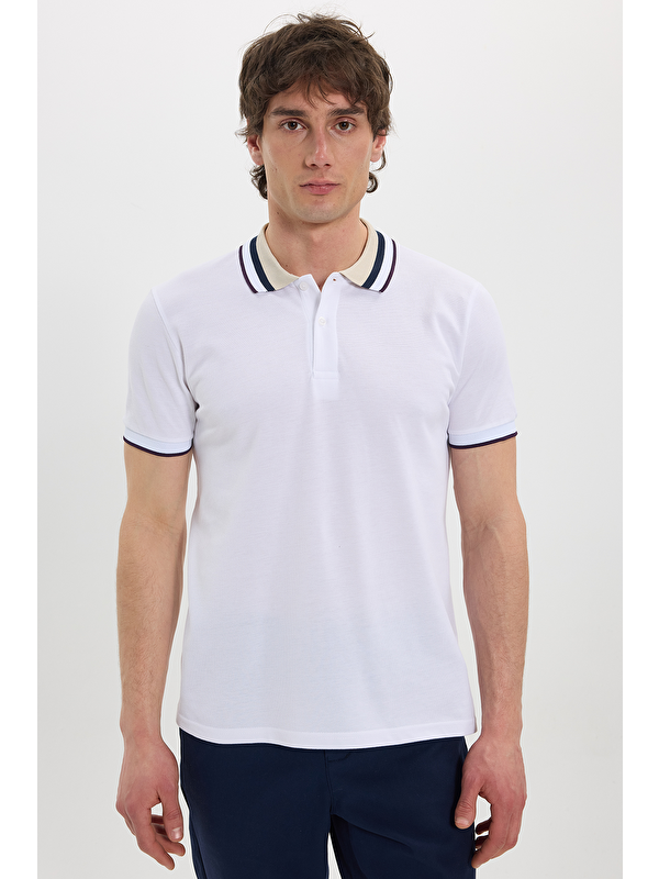 TUDORS Erkek Slim Fit Dar Kesim %100 Pamuk Beyaz Polo Yaka Tişört