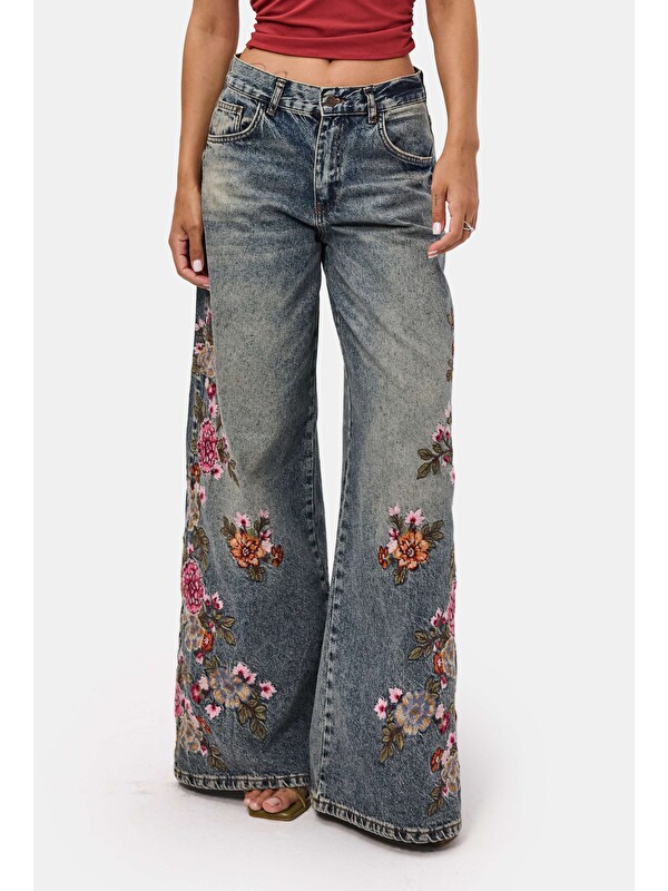 It's Basic Kadın Tint 4w6-8 Palazzo Fit Özel Çiçek Nakış Tasarım Denim Jean