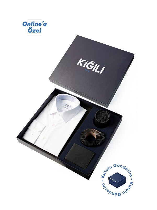Kiğılı Erkek 4'lü Hediye Seti / Gömlek & Kravat & Kemer & Cüzdan Çeyiz Seti Hediye Kutulu Set