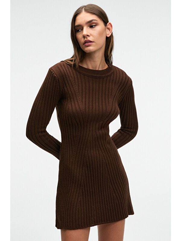GRIMELANGE ENCANTO Kadın Yuvarlak Yaka Çizgi Desenli Slim Fit KAHVERENGİ Elbise