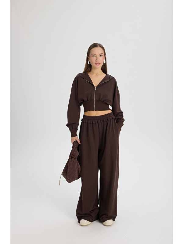 Mai Collection Petal Pis Detay Kahve Crop Eşofman Takım