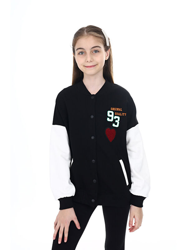Toontoykids Kız Çocuk Kolej Yaka Çıtçıt Kapama Cepli Düşük Omuz Baskılı Renk Bloklu Örme Hırka - 2 İplik Şardonl