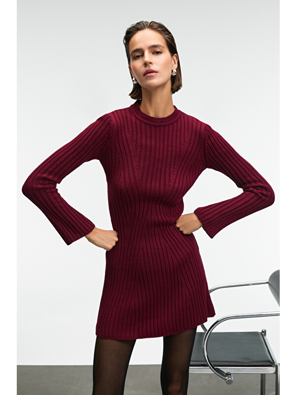 GRIMELANGE ENCANTO Kadın Yuvarlak Yaka Çizgi Desenli Slim Fit BORDO Elbise