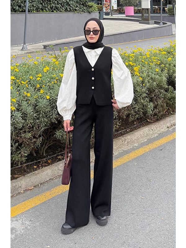 Lamelif V Yaka Yelekl Takım Siyah
