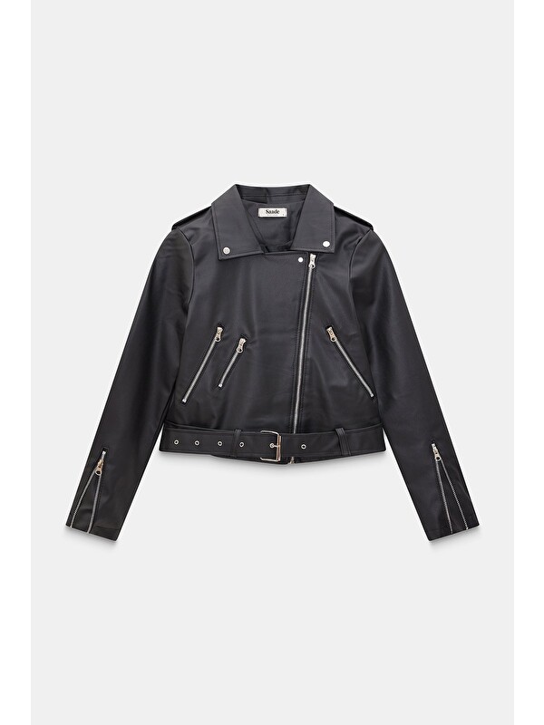 Saade Siyah Kadın Relax Fit Gömlek Yaka Kemerli Cepli  Suni Deri Biker Crop Ceket - Fermuar Detaylı