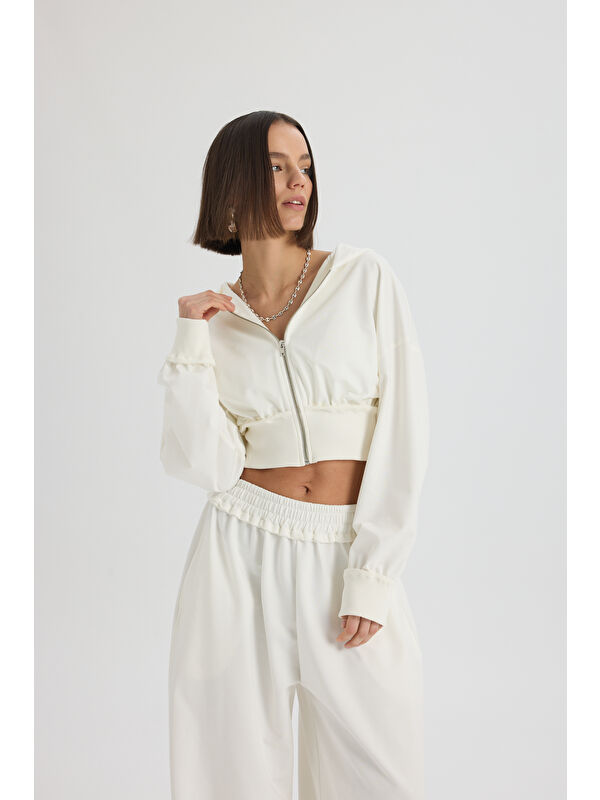 Mai Collection Petal Pis Detay Ekru Crop Eşofman Takım