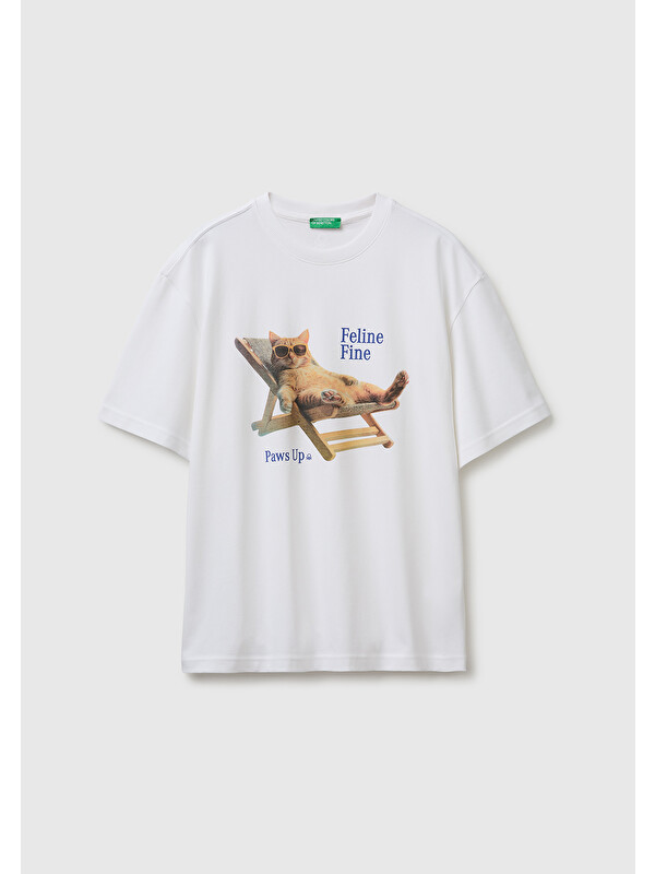 United Colors Of Benetton Erkek Beyaz %100 Pamuk Fotoğraf Baskılı Relaxed Fit T-Shirt