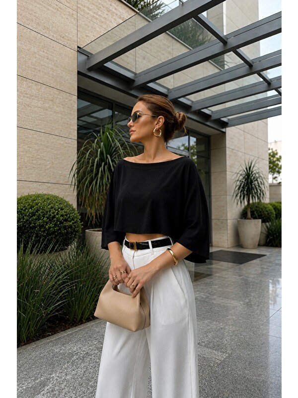 Tarz Cool Kadın Kayık Yaka Pelerin Bluz Salaş Crop Bluz