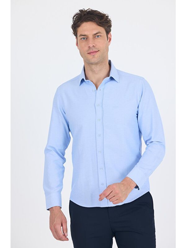 İMZA Mavi Sert Yaka Düz Classic Pamuklu Slim Fit Gömlek 1004250214