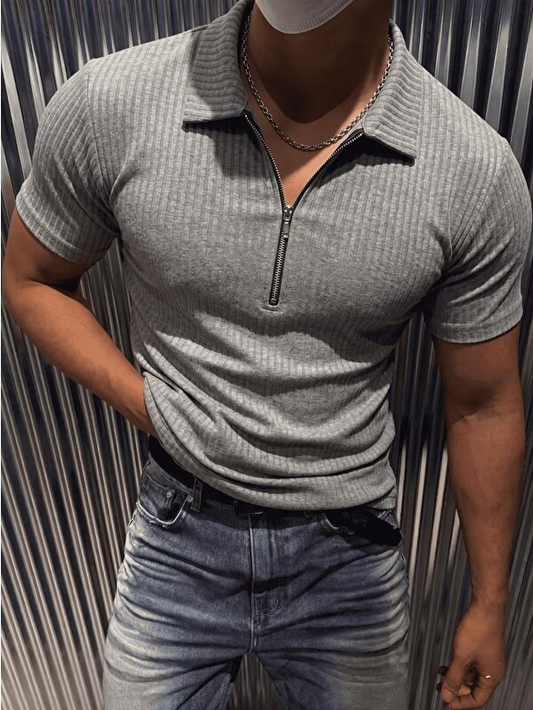 Oksit Luuk Erkek Slim Fit Fermuarlı Polo Yaka Fitilli T-Shirt
