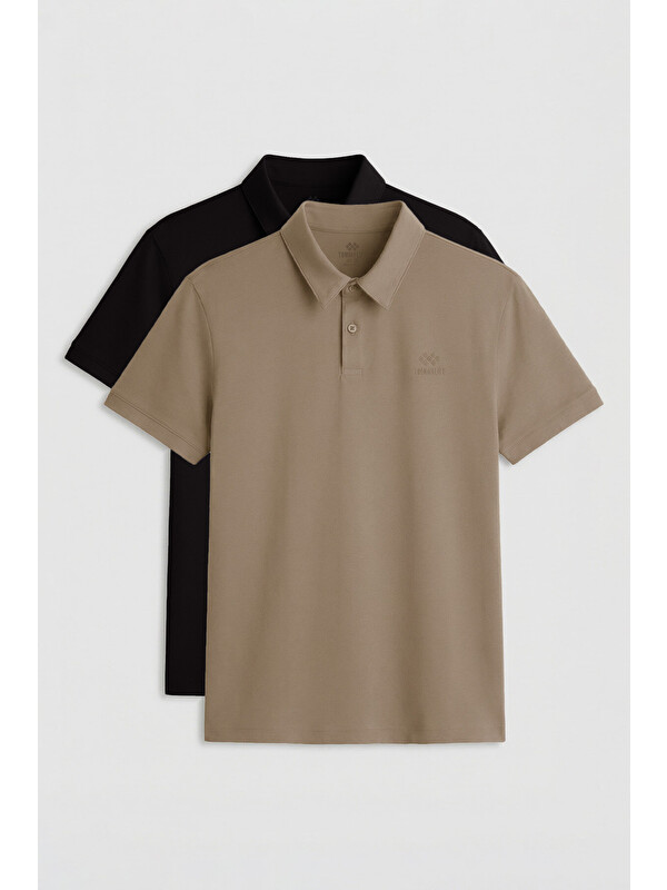 Tommylife Standart Fit Basic Polo Yaka 2li Paket Siyah-Koyu Bej Erkek Tişört - 87748