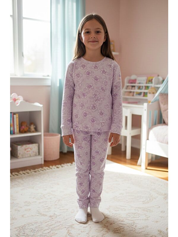 Fullamoda Çiçek Desenli Bisiklet Yaka Polar Kız Çocuk Pijama Takımı