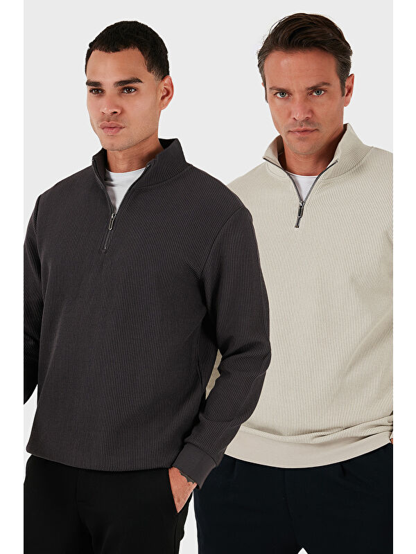 Buratti Pamuklu Regular Fit Yarım Fermuarlı Dik Yaka 2'li Paket Sweat 5905716S2