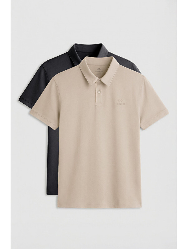 Tommylife Standart Fit Basic Polo Yaka 2li Paket Antrasit-Bej Erkek Tişört - 87748