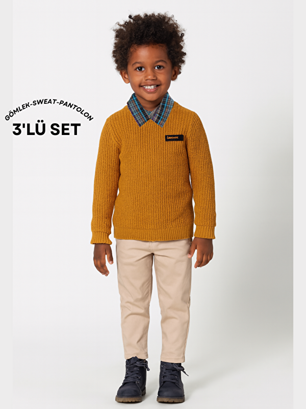Casabony 3'lü Set Hardal Triko Sweat & Pantolon & Gömlek Erkek Çocuk Takım