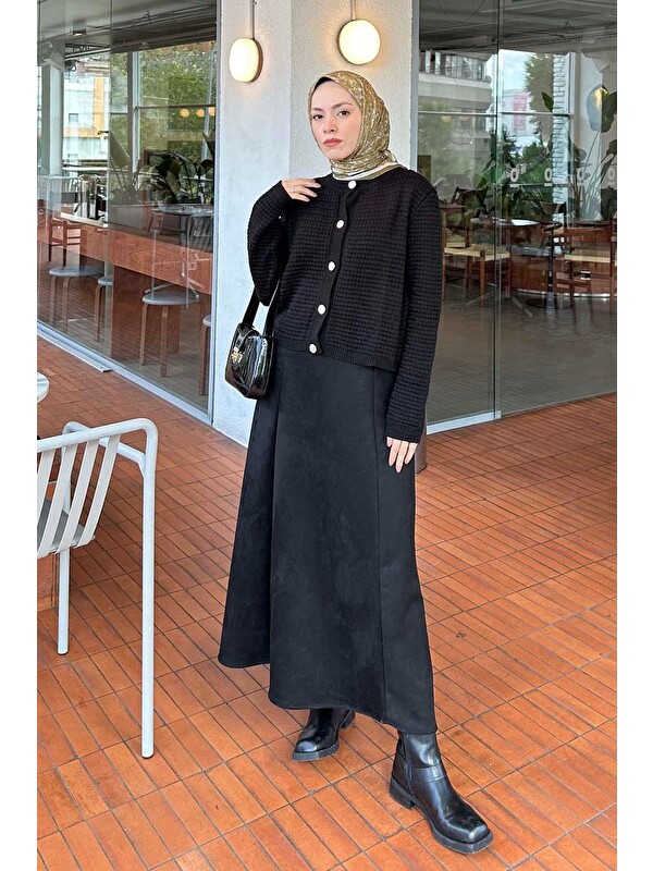 Lamelif Düğmeli Triko Hırka Siyah