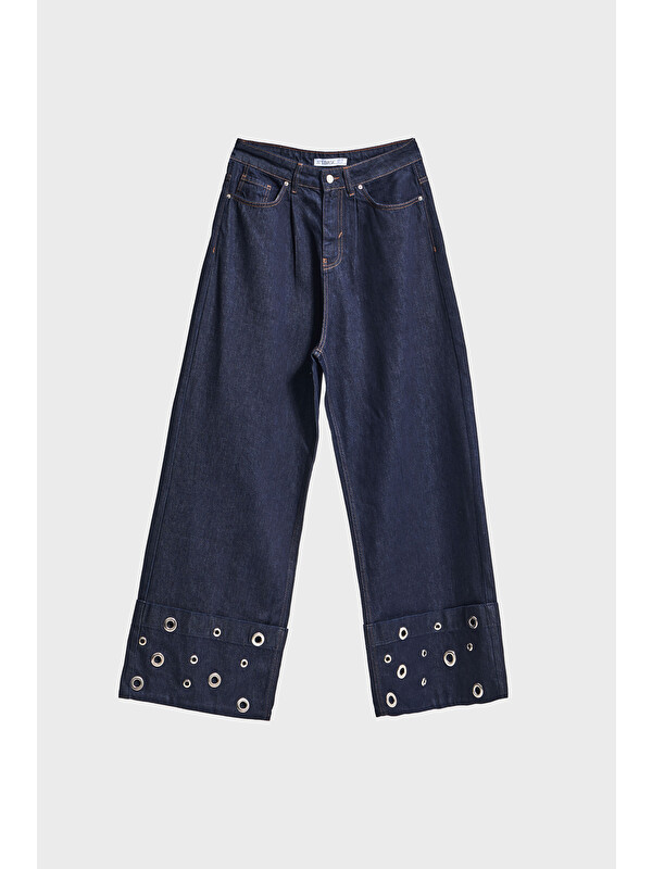 It's Basic Kadın İndigo Renk 7w5-50 Süper Baggy Fit Özel Viskon Kumaş Kuş Gözü Detaylı Denim Jean