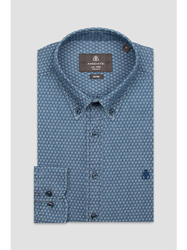 ABBATE Natte Denim Pamuklu Comfort Fit Açık Mavi Düğmeli Yaka Erkek Desenli Gömlek