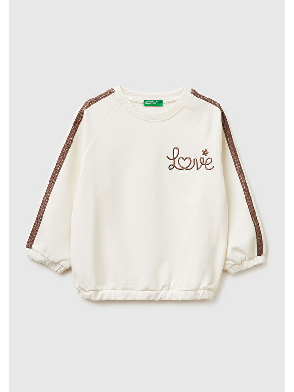 United Colors Of Benetton Kız Çocuk Logo İşlemeli Ribanalı Bisiklet Yaka Sweatshirt